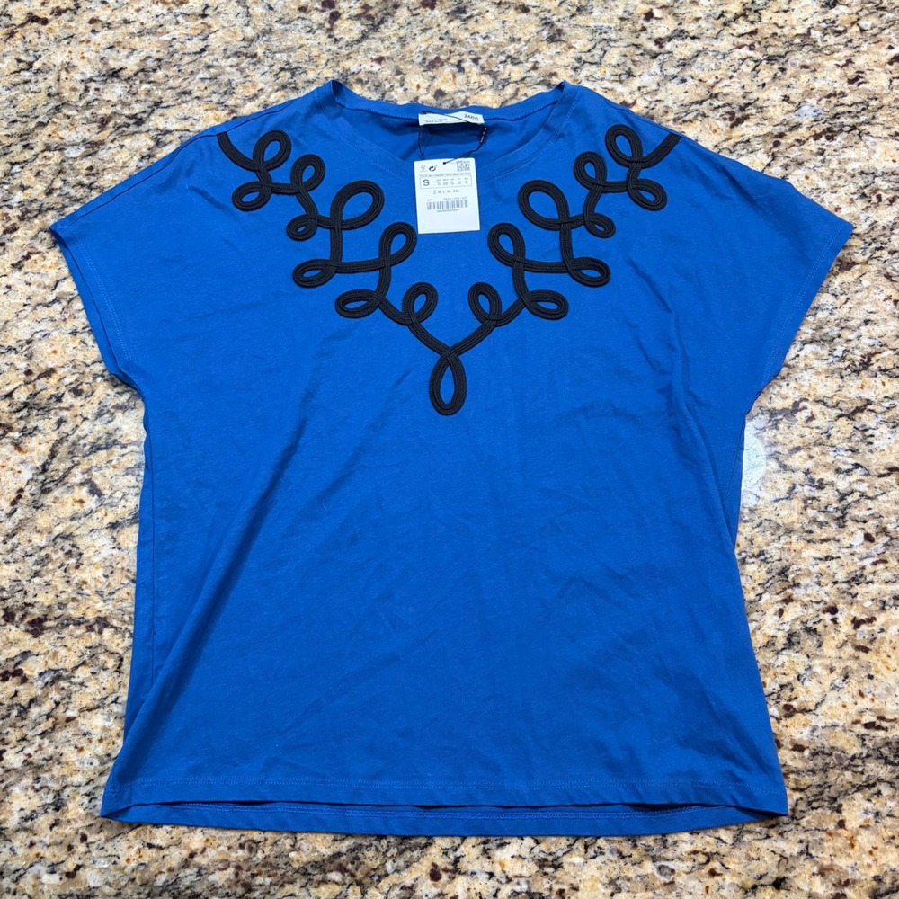 NEW Zara Blue Braided Cord Applique Short Sleeve Knit Top Small ws